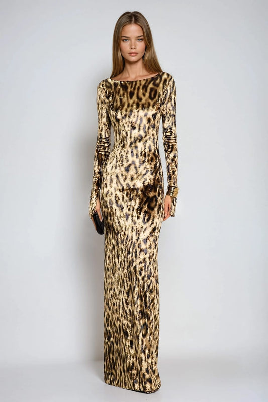 Leopard Pattern Long Sleeve Maxi Dress - Brown