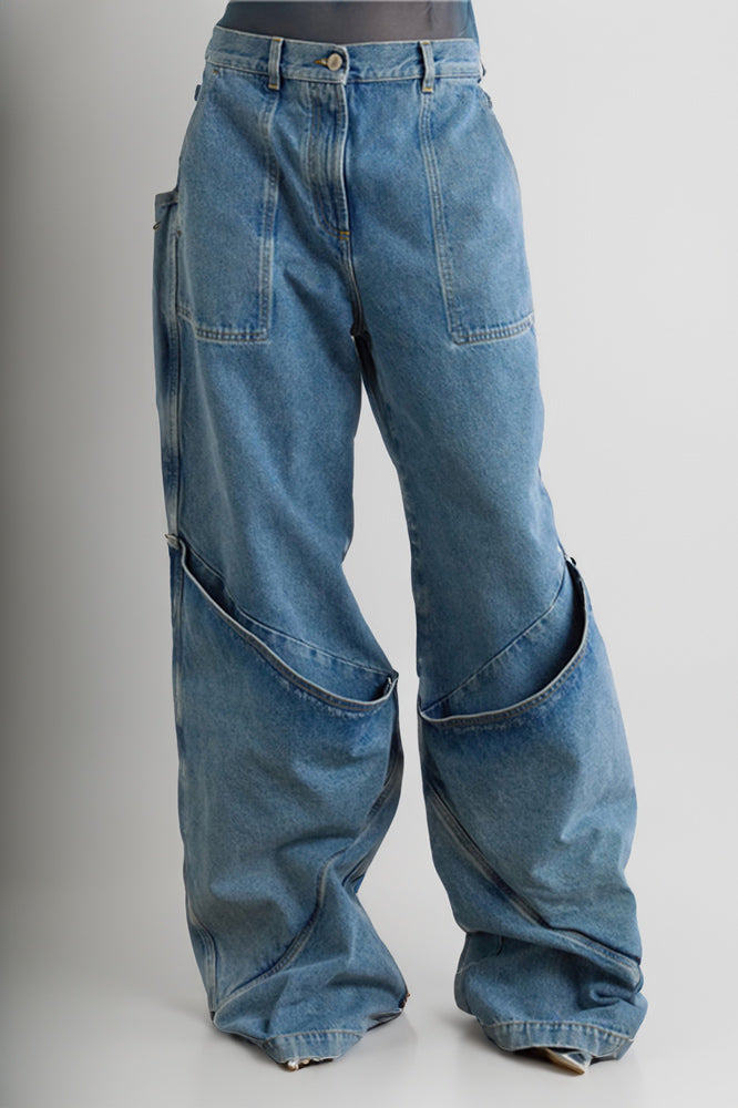 Wide-Leg Jeans with Wide Open Pocket Detailing - Blue