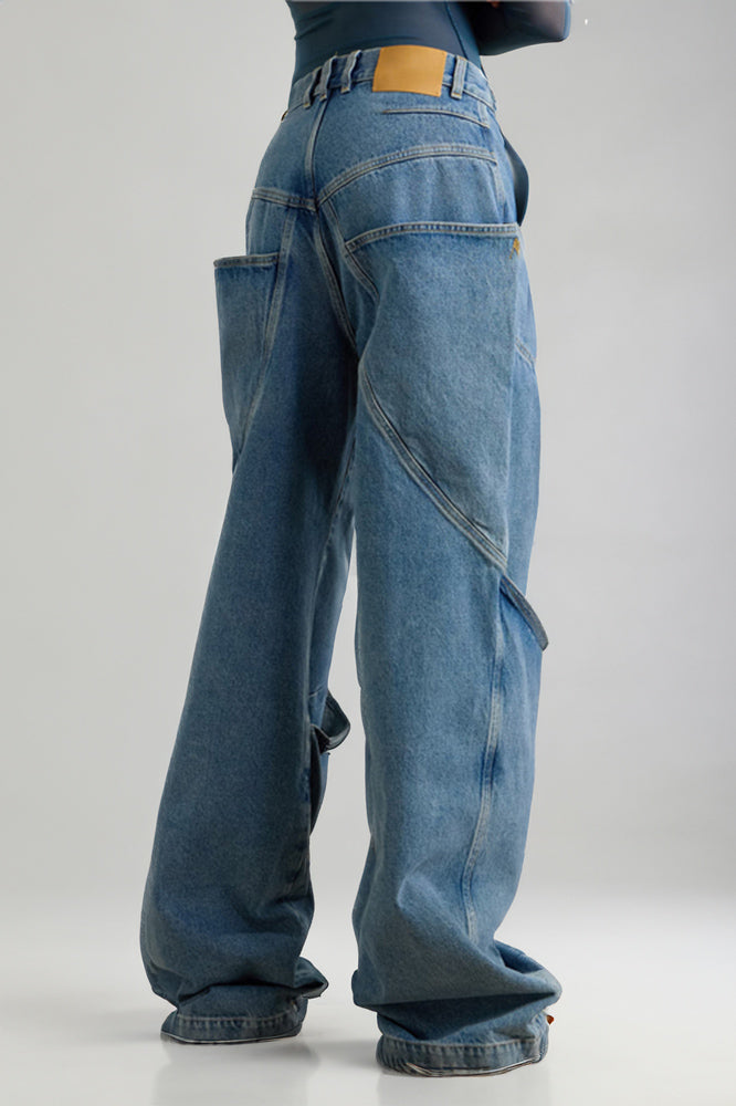 Wide-Leg Jeans with Wide Open Pocket Detailing - Blue