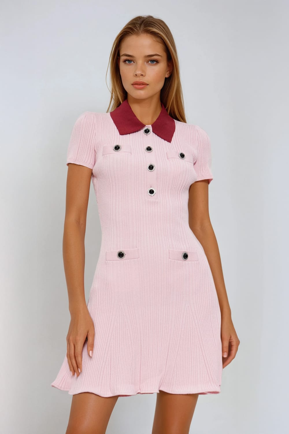 Contrast Collar Ribbed Mini Dress - Pink