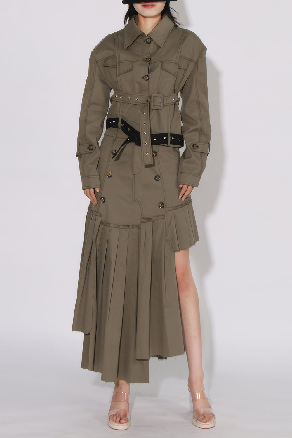 Structured Two-Piece Set with Belted Cropped Jacket and Pleated Maxi Skirt