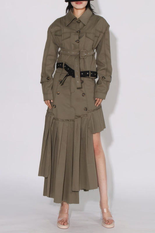 Structured Two-Piece Set with Belted Cropped Jacket and Pleated Maxi Skirt