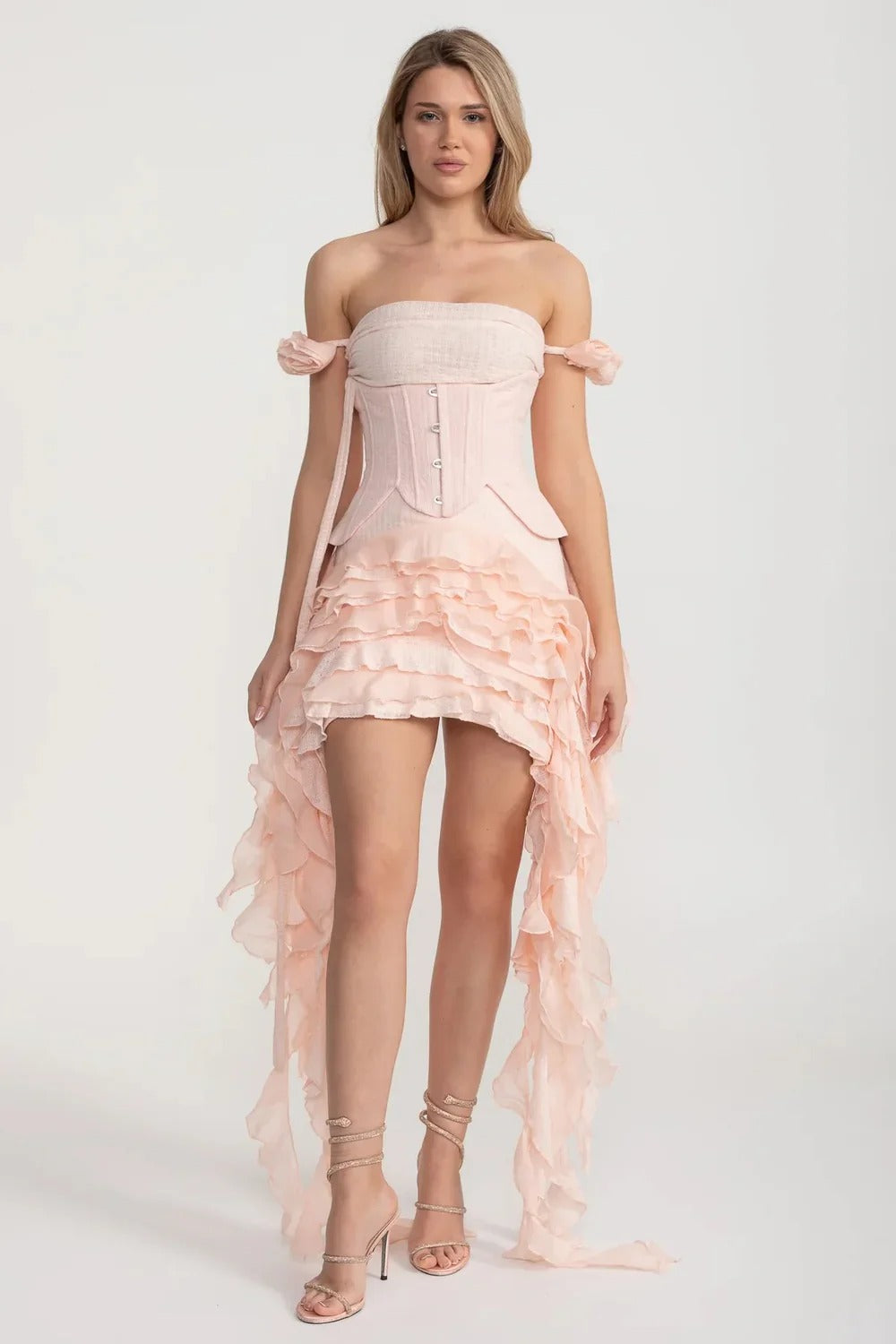 Ruffled High-Low Dress with Corset and Hidden Shorts - Pink