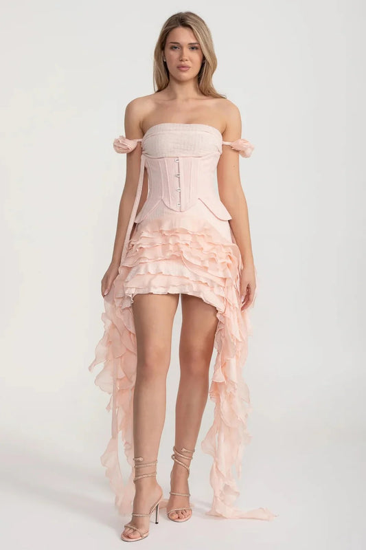 Ruffled High-Low Dress with Corset and Hidden Shorts - Pink