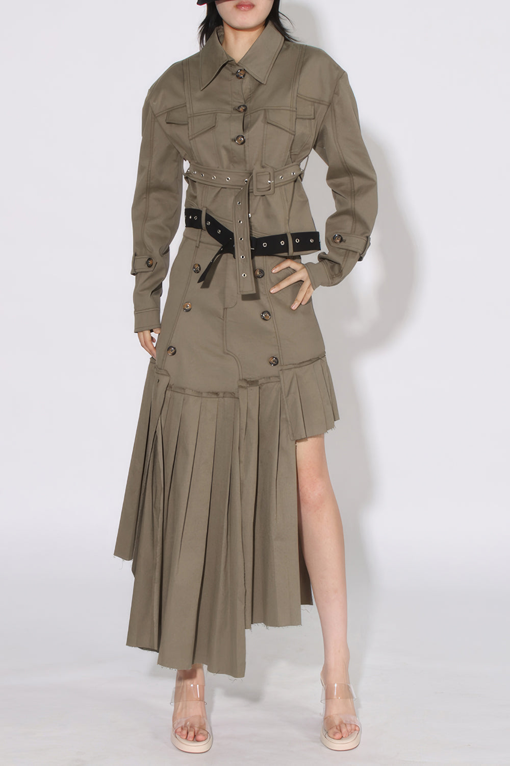 Structured Two-Piece Set with Belted Cropped Jacket and Pleated Maxi Skirt