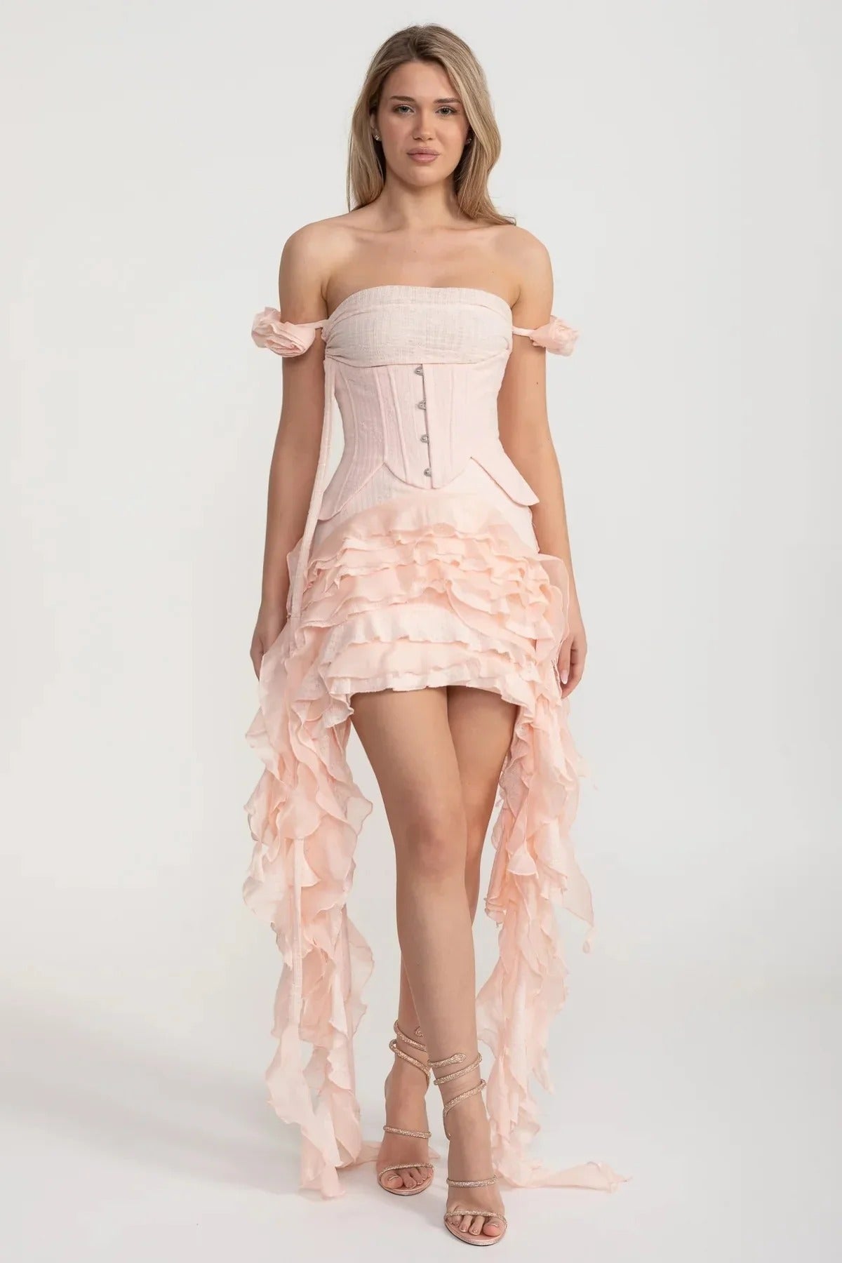 Ruffled High-Low Dress with Corset and Hidden Shorts - Pink