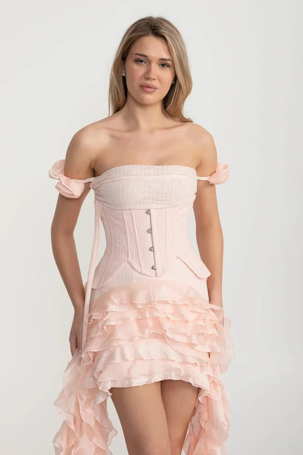 Ruffled High-Low Dress with Corset and Hidden Shorts - Pink