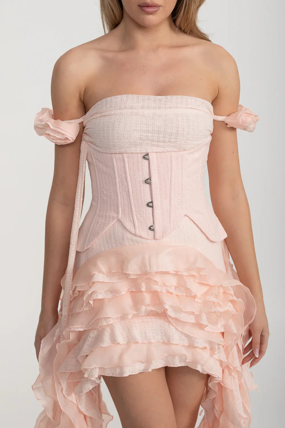 Ruffled High-Low Dress with Corset and Hidden Shorts - Pink