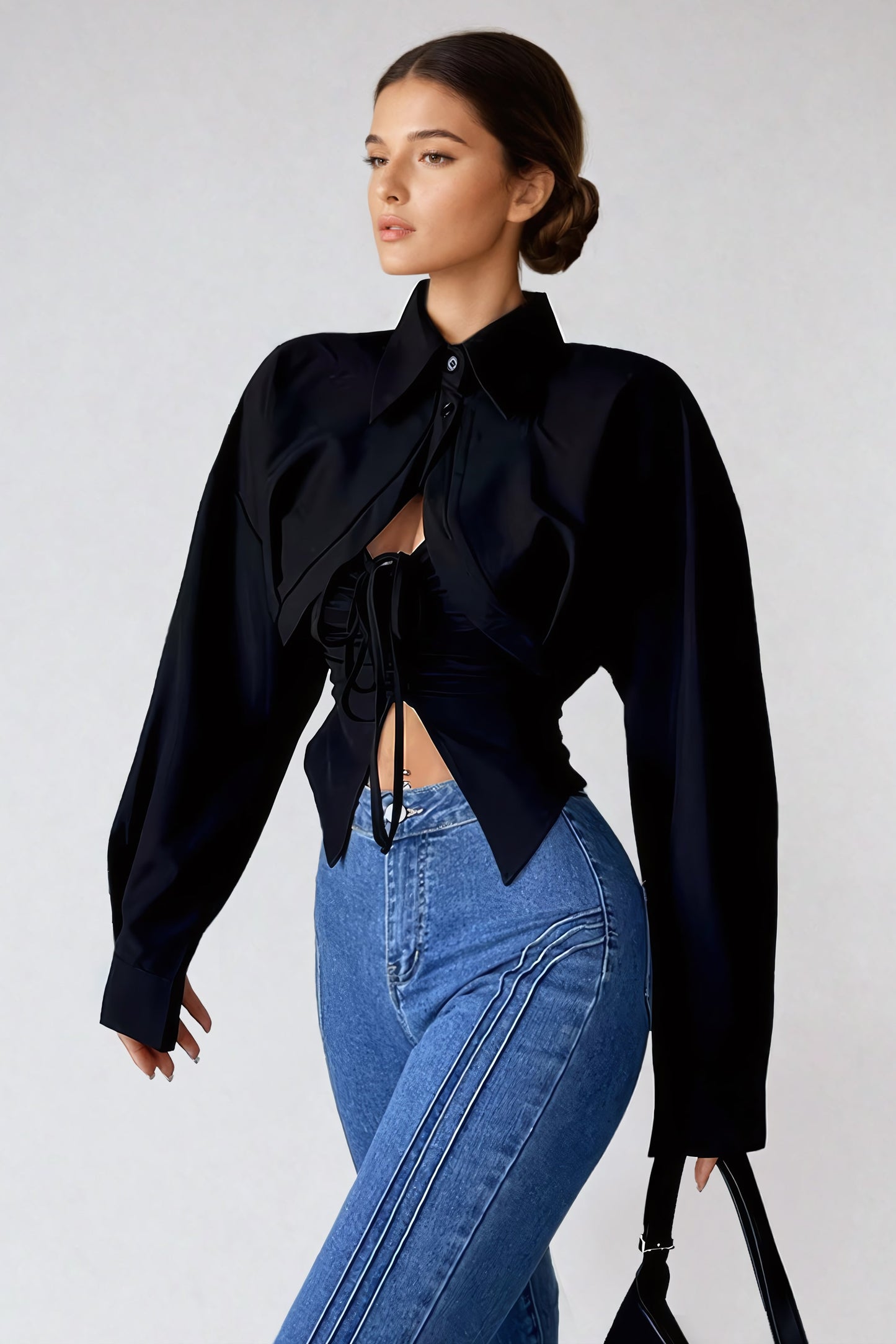 Cropped Collared Shirt with Lace-Up Tank Top - Black
