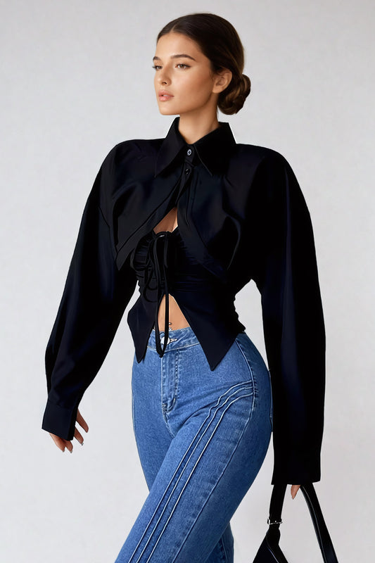 Cropped Collared Shirt with Lace-Up Tank Top - Black