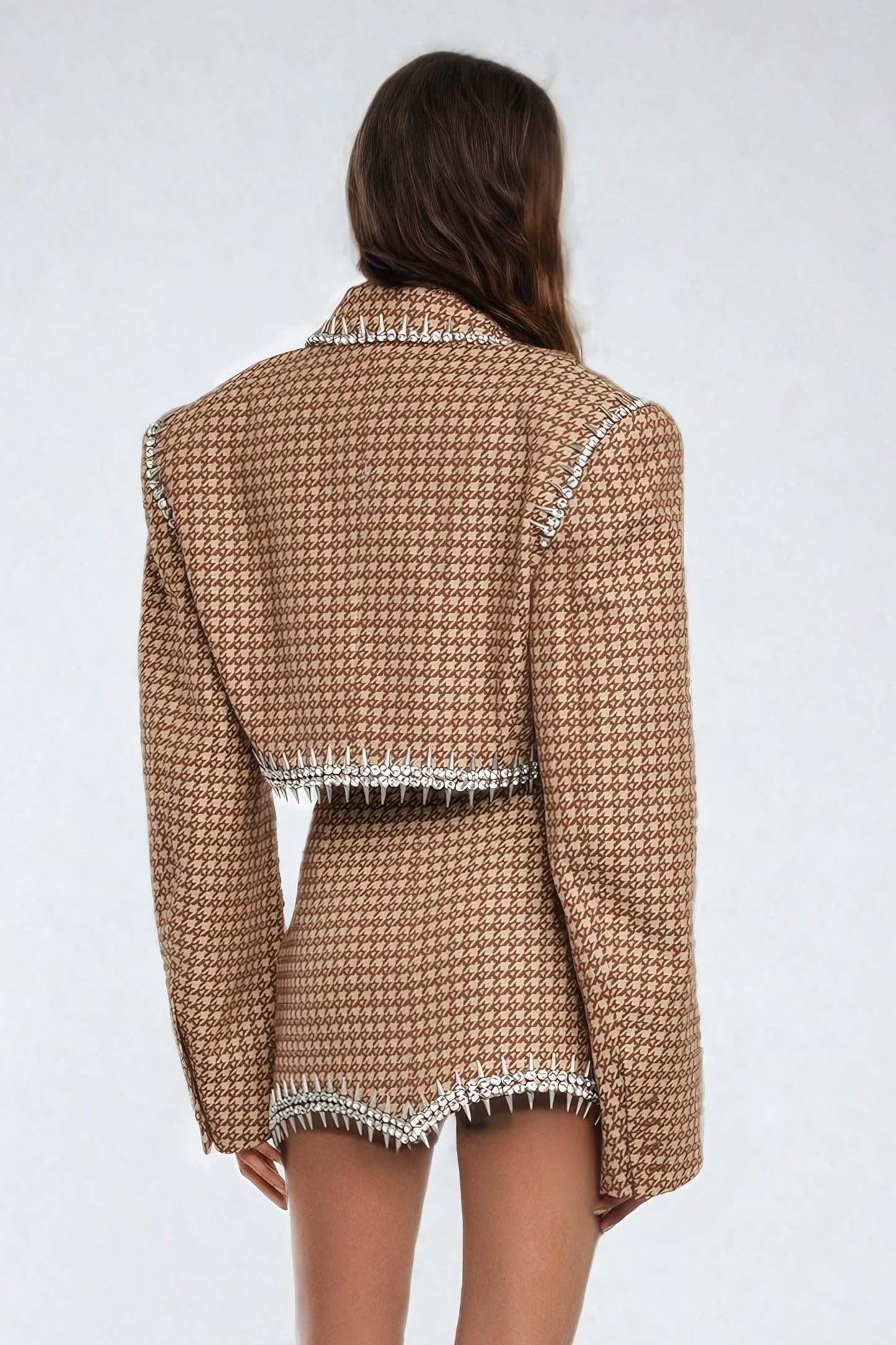 Two-Piece Set with Cropped Blazer and Asymmetrical Hem Mini Skirt - Brown