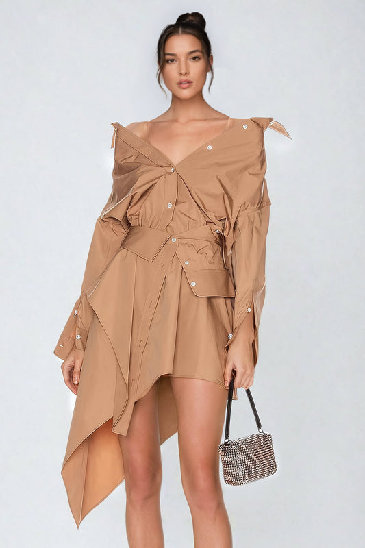 Asymmetrical Off-Shoulder Mini Dress with Belted Waist and Layered Hem - Brown