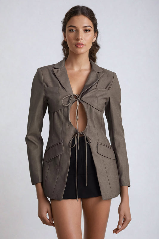 Open-Front Blazer with Tie Detailing and Notched Lapels - Brown