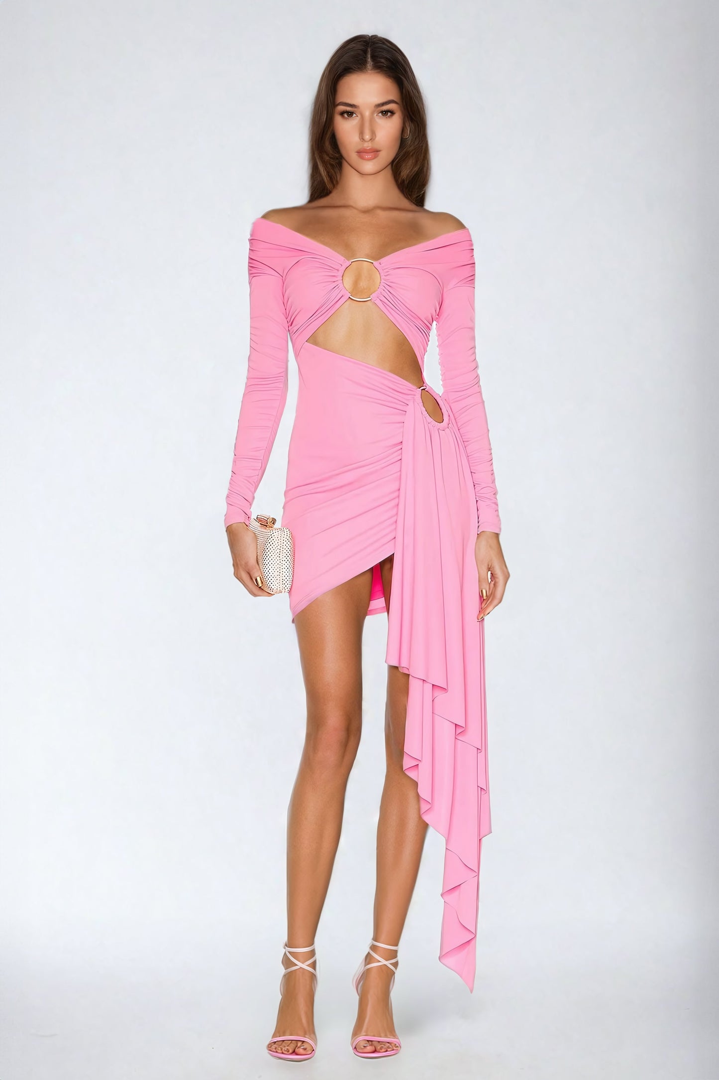 Off-Shoulder Mini Dress with Cutouts and Draped Panel - Pink