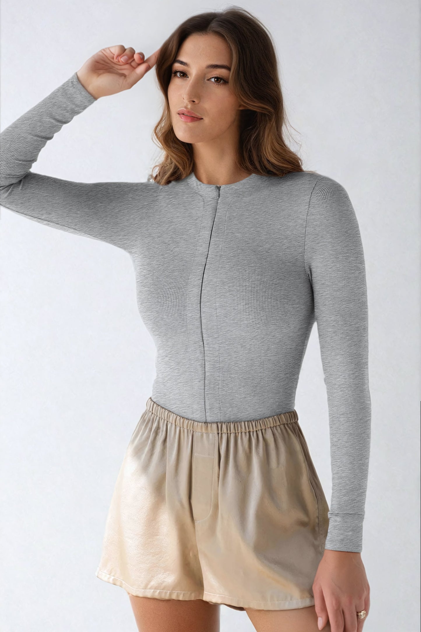 V-Neck Long-Sleeve Zip-Up Bodysuit - Gray