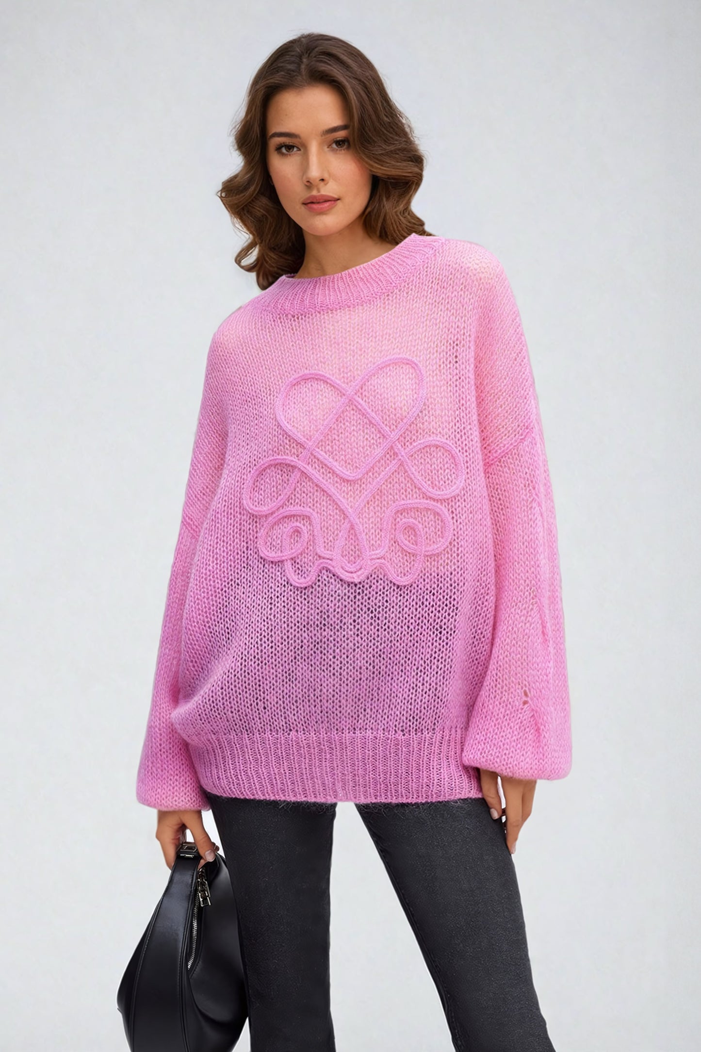 Open-Knit Sweater with Intricate Chest Detail - Pink