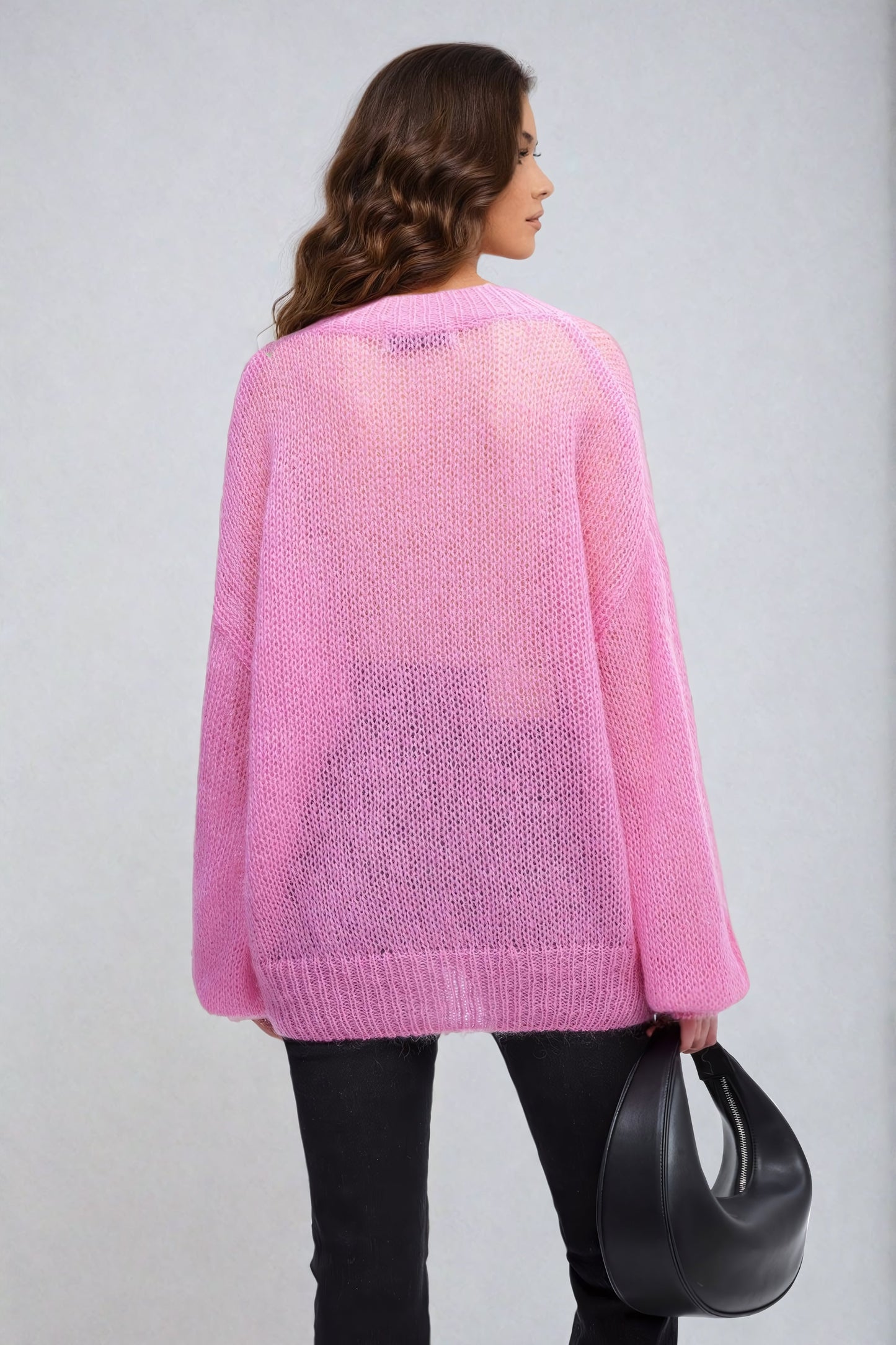 Open-Knit Sweater with Intricate Chest Detail - Pink