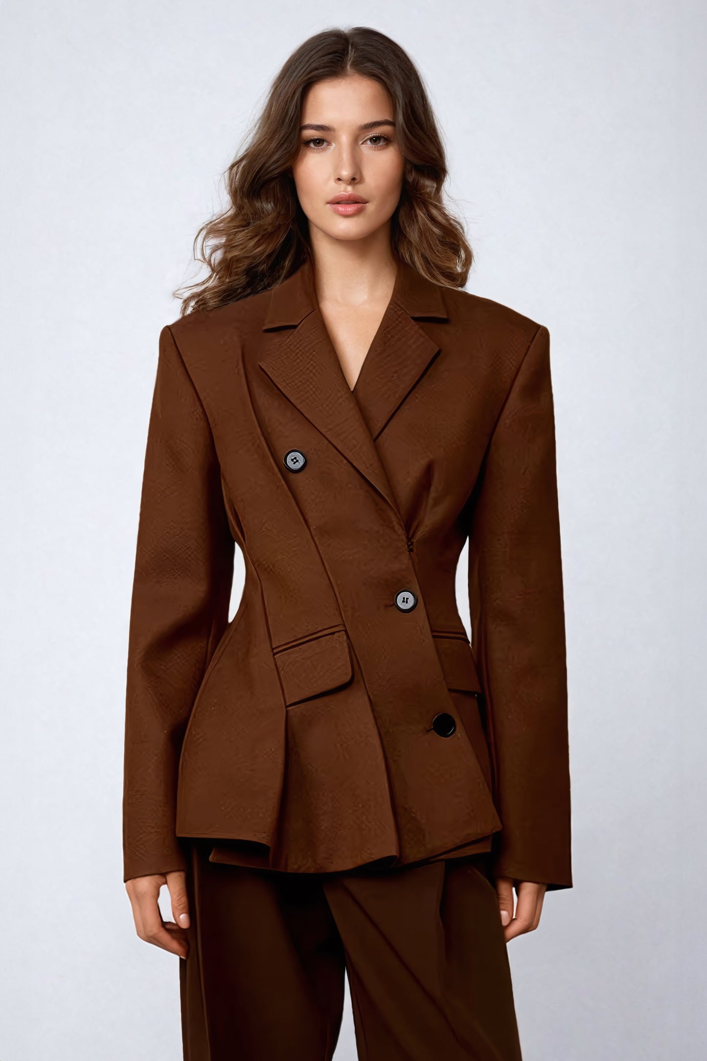 Asymmetrical Double-Breasted Blazer with Structured Fit - Brown