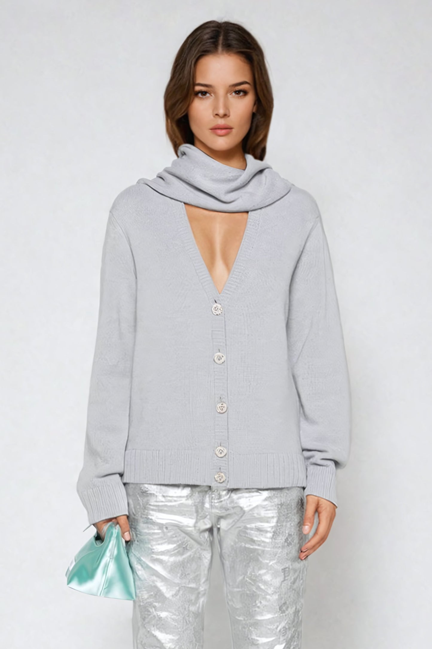 V-Neck Sweater with Detachable Hood - Gray