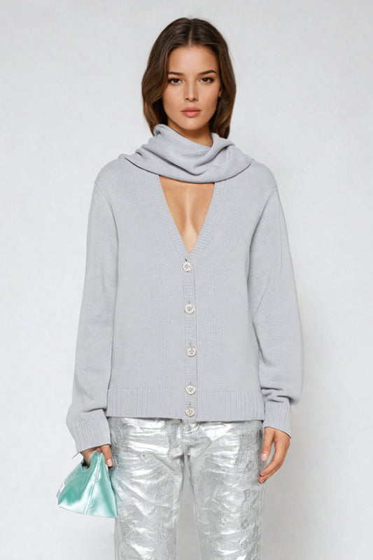 V-Neck Sweater with Detachable Hood - Gray