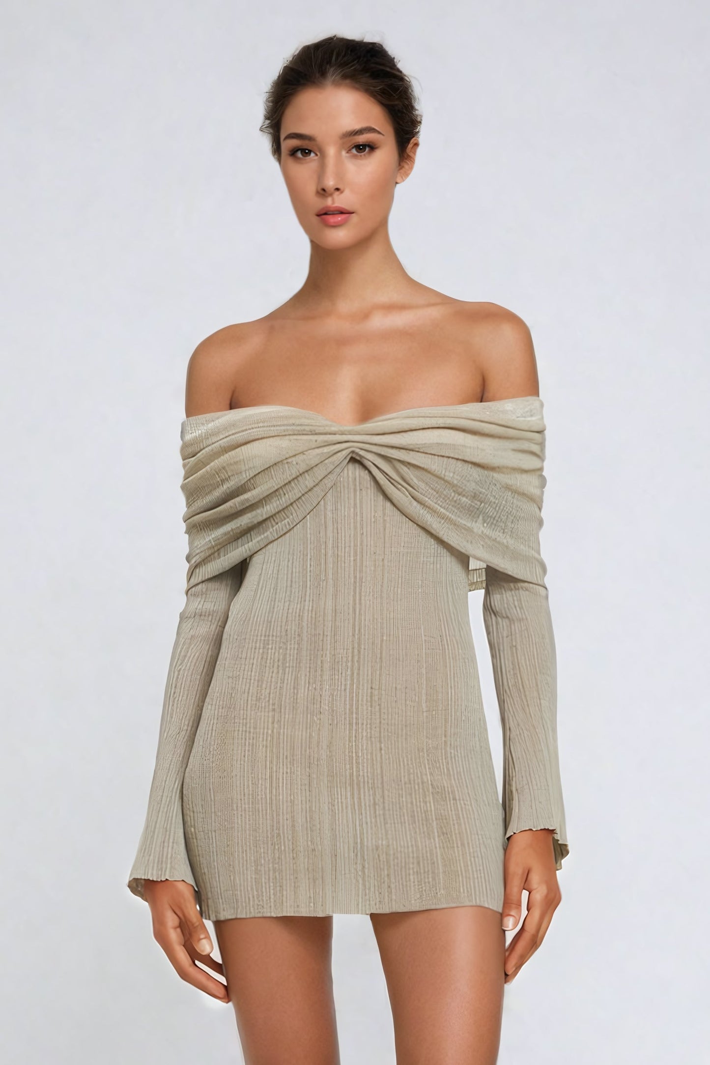 Ribbed Knit Off-Shoulder Mini Dress with Draped Bodice - Gray