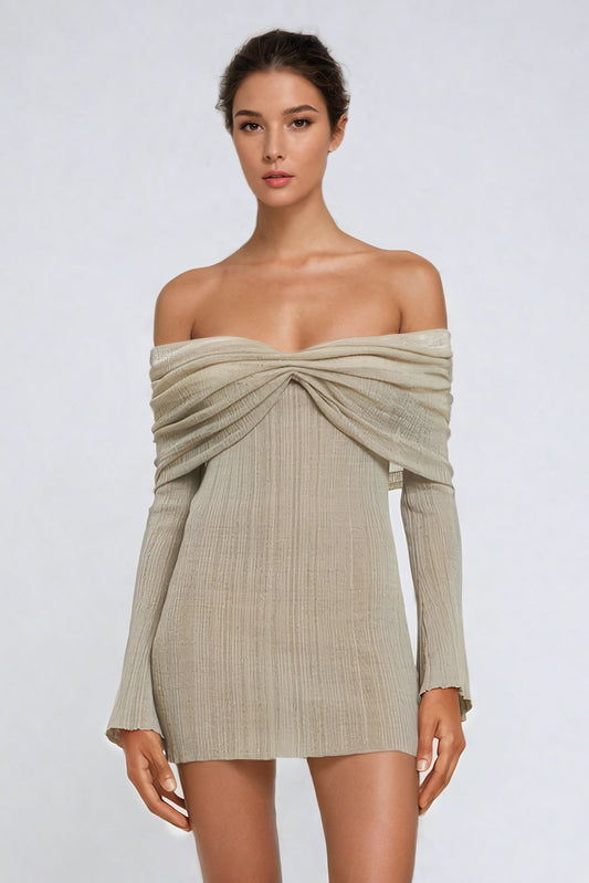 Ribbed Knit Off-Shoulder Mini Dress with Draped Bodice - Gray