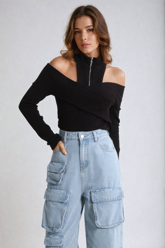 Off-Shoulder Ribbed Knit Sweater with Zippered High Collar - Black