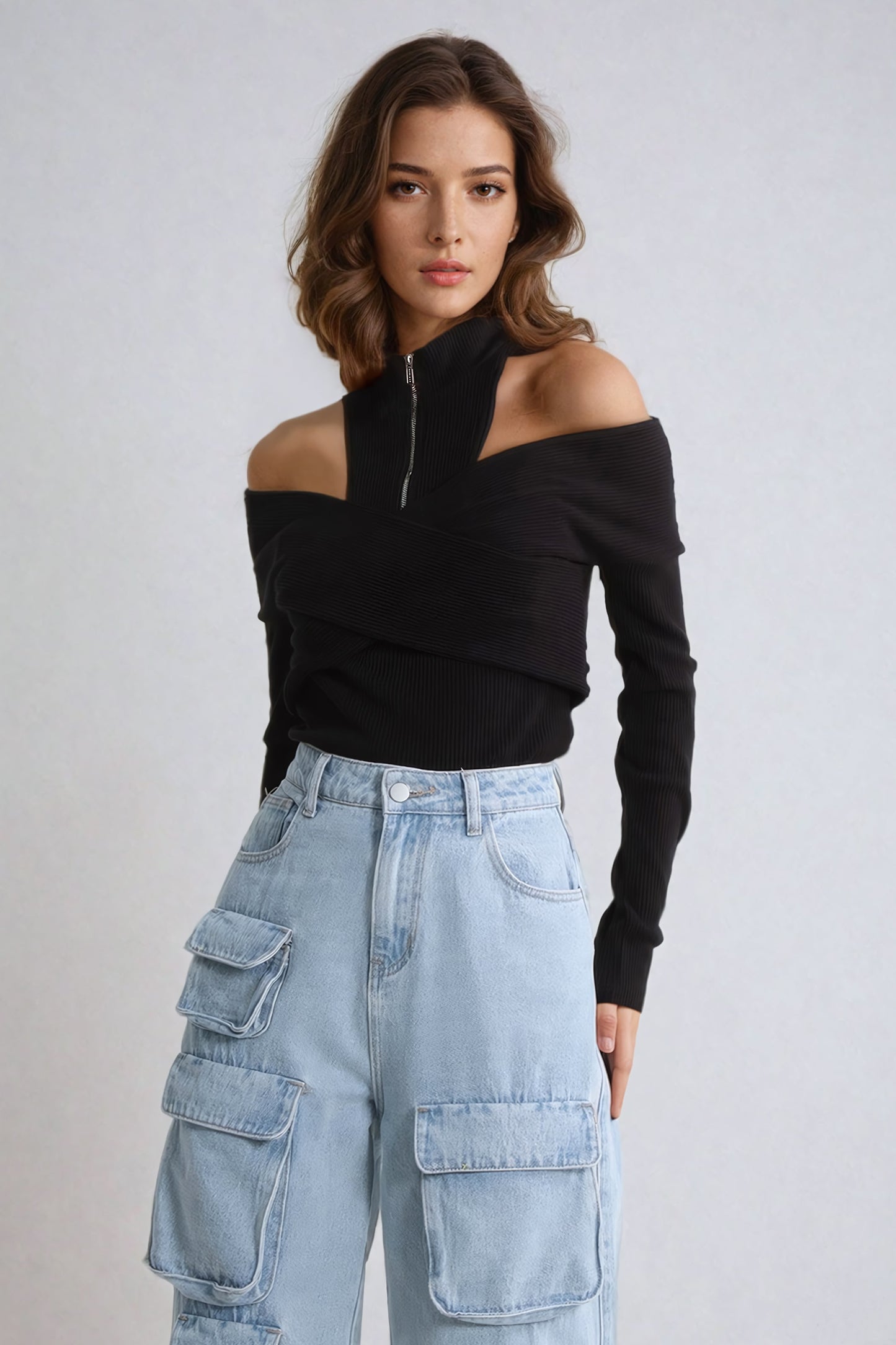 Off-Shoulder Ribbed Knit Sweater with Zippered High Collar - Black