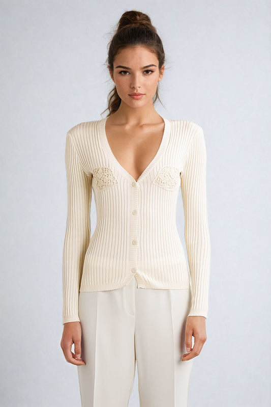 Ribbed Knit V-Neck Sweater with Crochet Accents - Beige