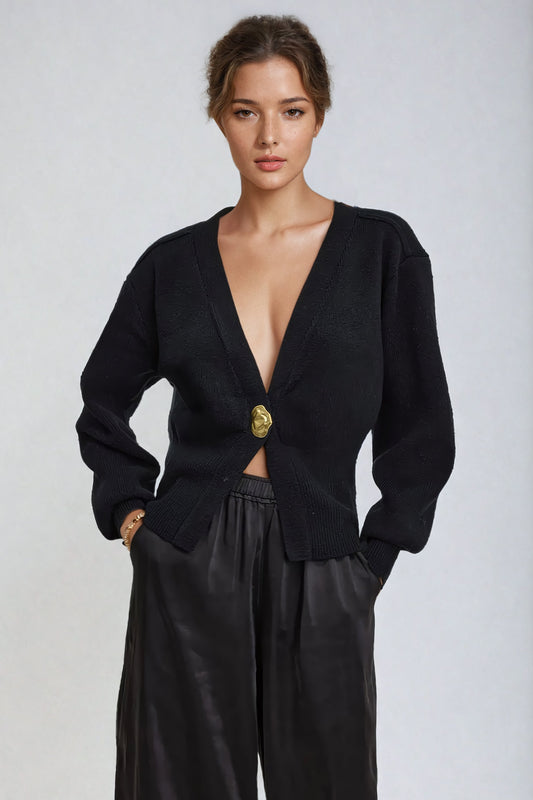 V-Neck Knitted Cardigan with Gold-Tone Clasp Detail - Black