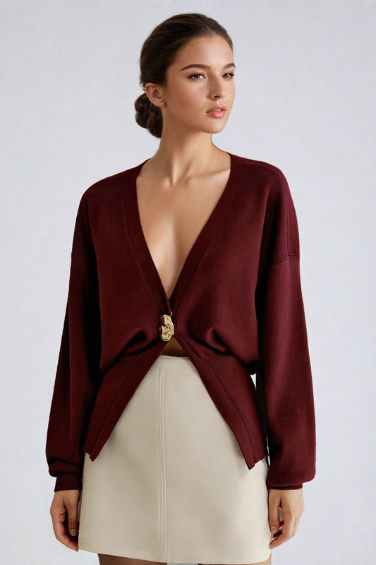 V-Neck Knitted Cardigan with Gold-Tone Clasp Detail - Red