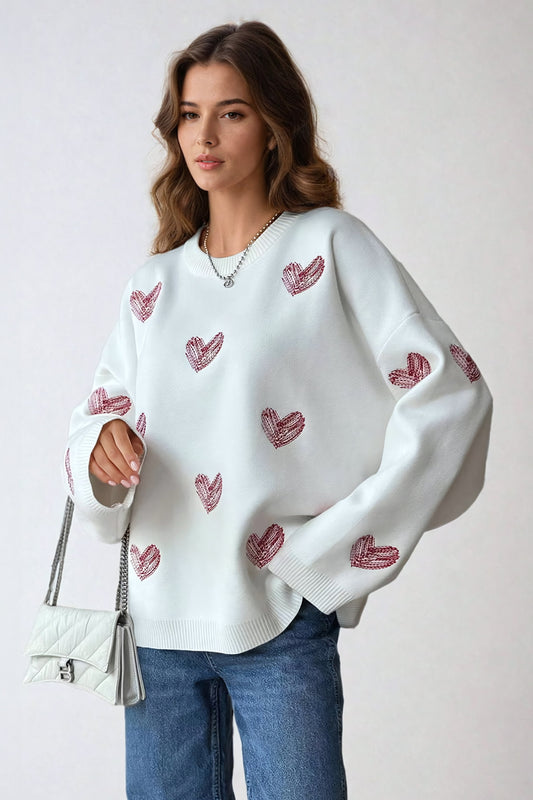 Oversized Sweater with Embroidered Heart Details - Red