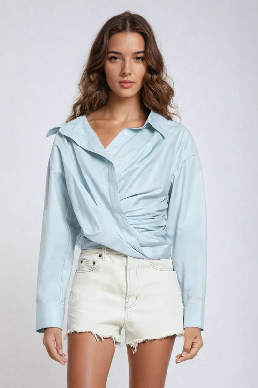 Asymmetric Off-Shoulder Wrap Shirt - Blue