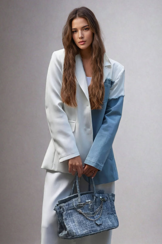 Blazer with Denim Accent Panel - White