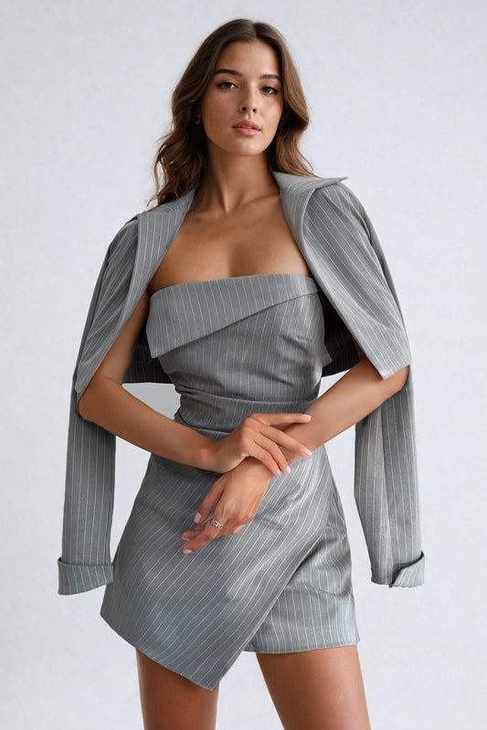 Strapless Jumpsuit with Cropped Blazer Overlay - Gray