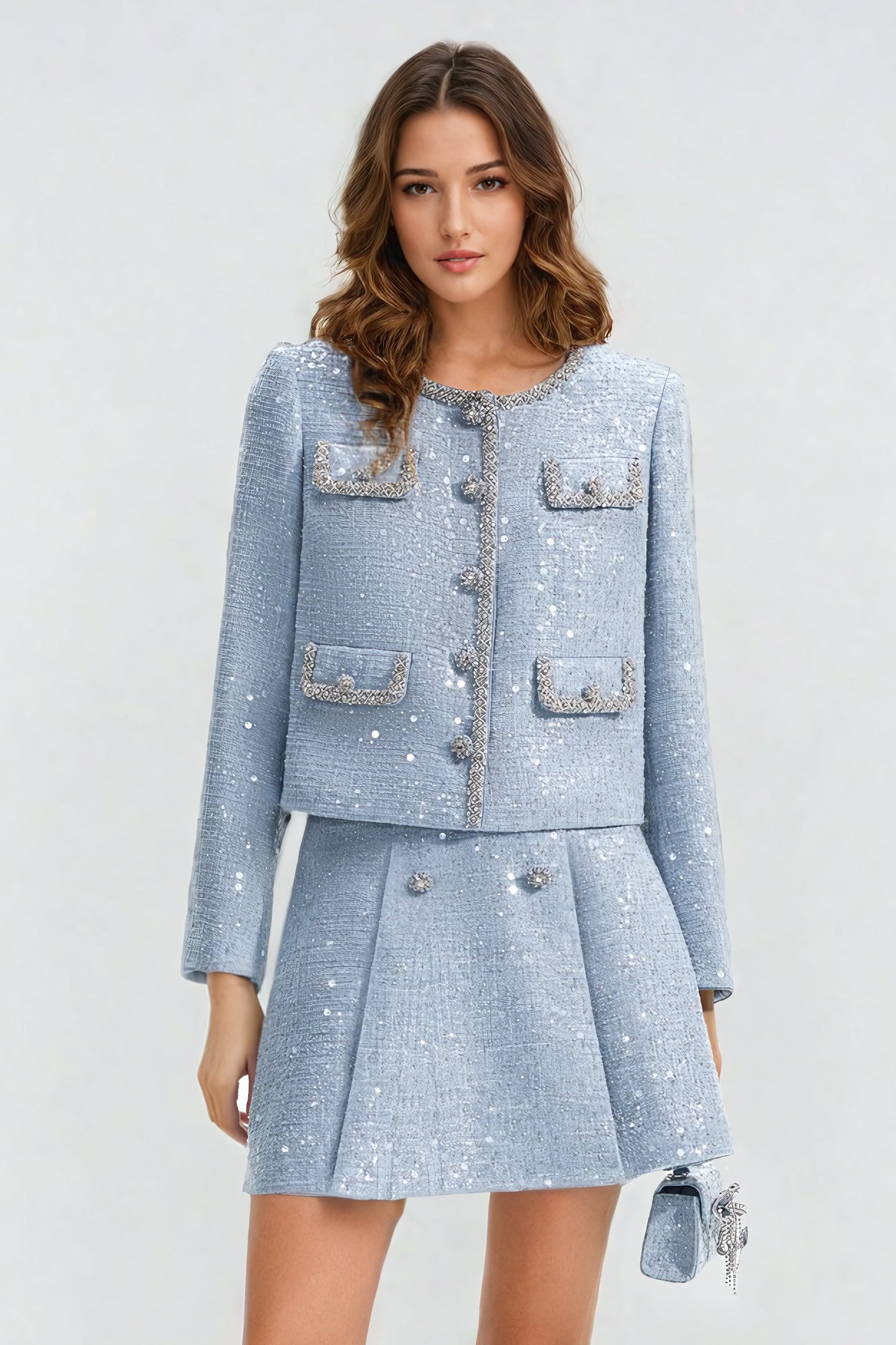 Two-Piece Set with Asymmetrical Buttoned Jacket and Embellished Mini Skirt - Blue