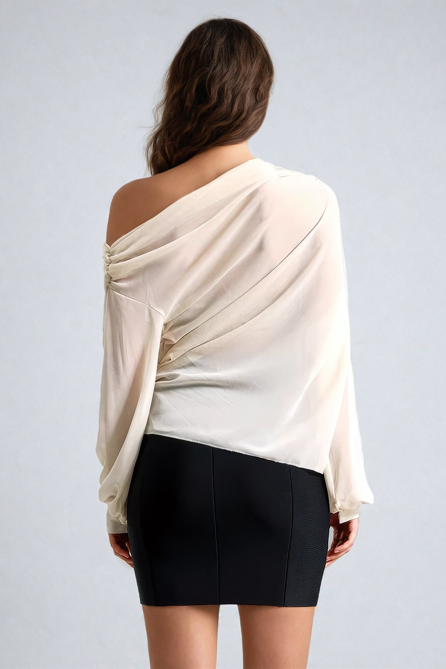 Off-Shoulder Draped Top with Floral Shoulder Detail - Apricot