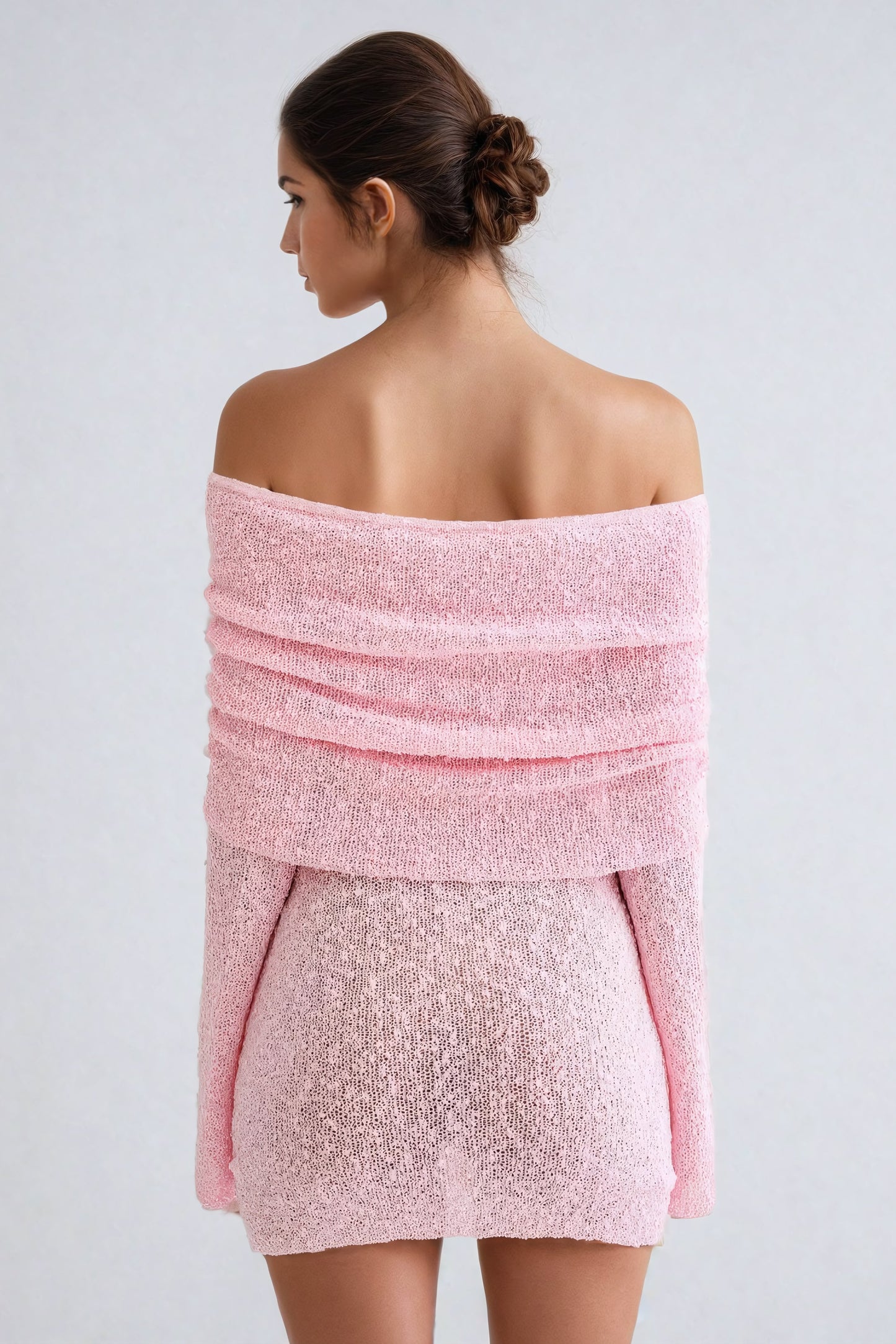 Off-Shoulder Textured Knit Mini Dress - Pink