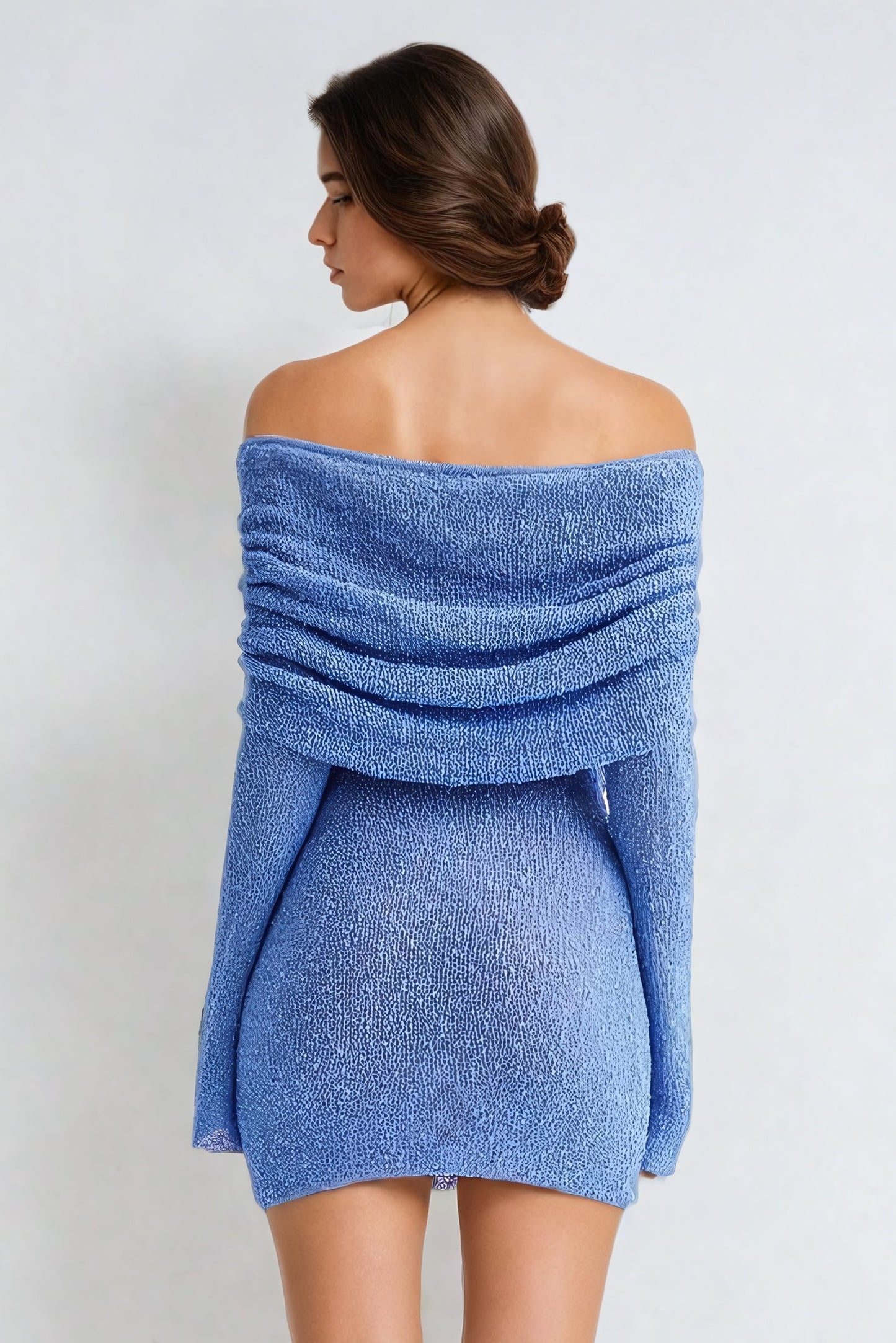 Off-Shoulder Textured Knit Mini Dress - Blue