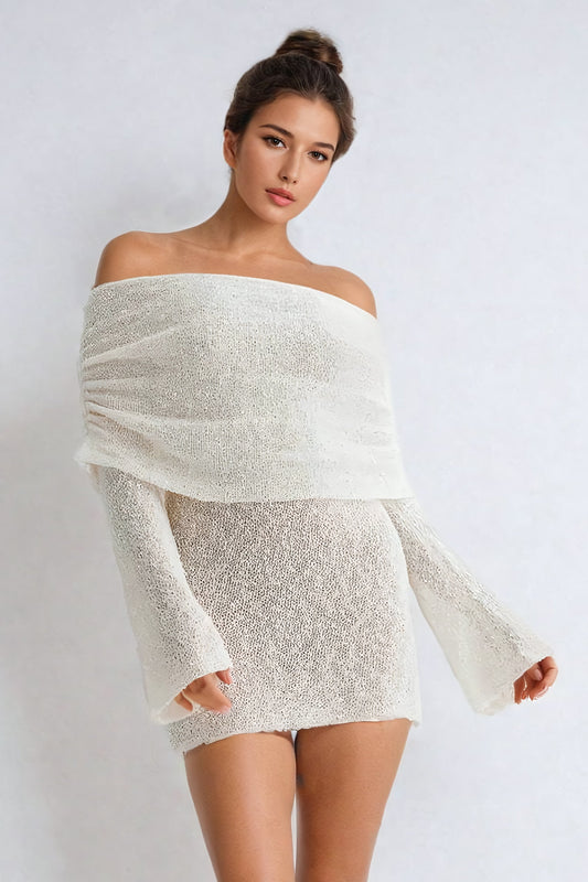 Off-Shoulder Textured Knit Mini Dress - White