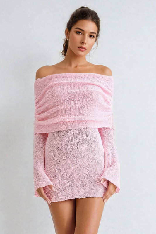 Off-Shoulder Textured Knit Mini Dress - Pink