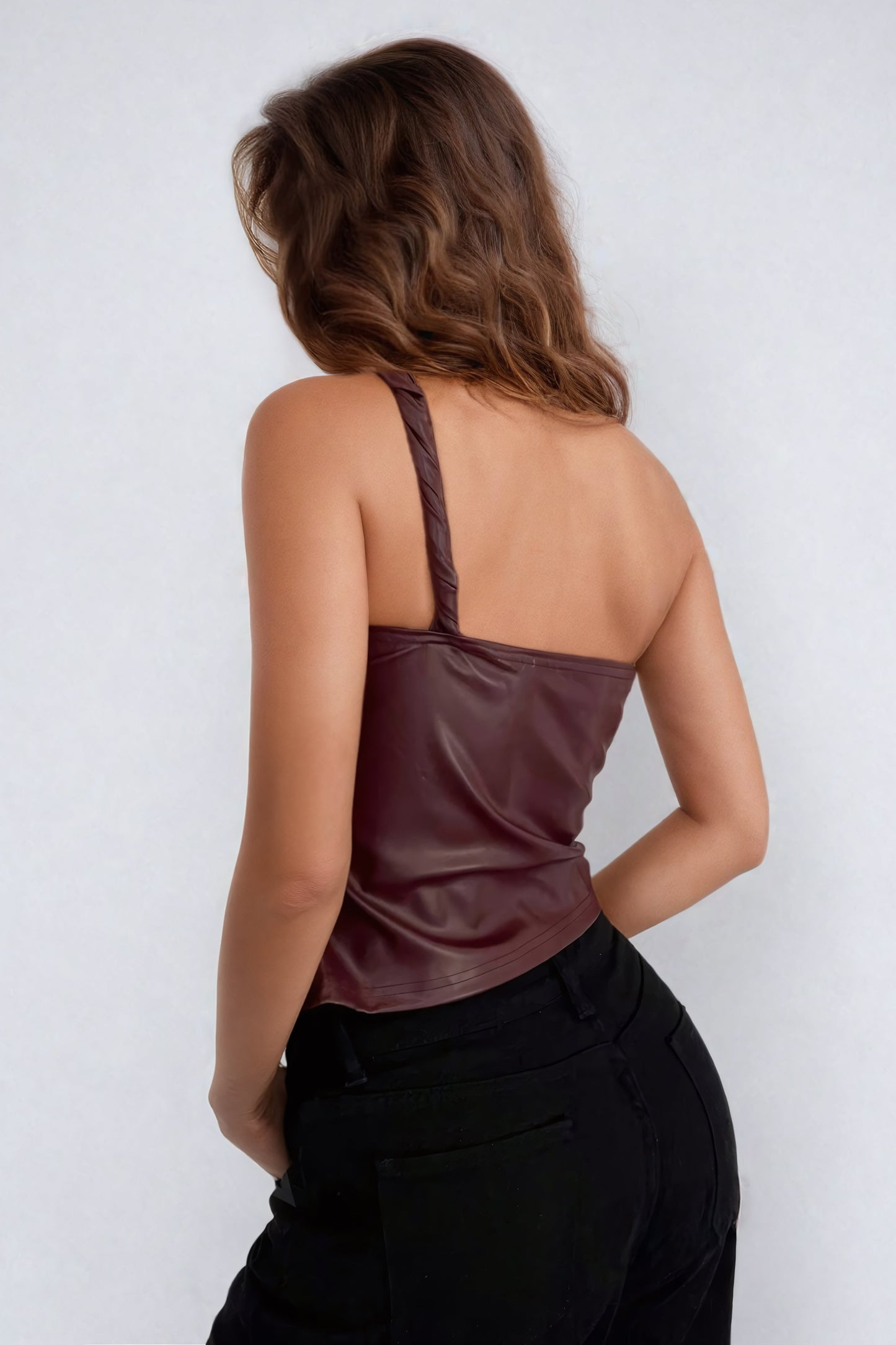 Asymmetrical Gathered Leather Crop Top - Burgundy