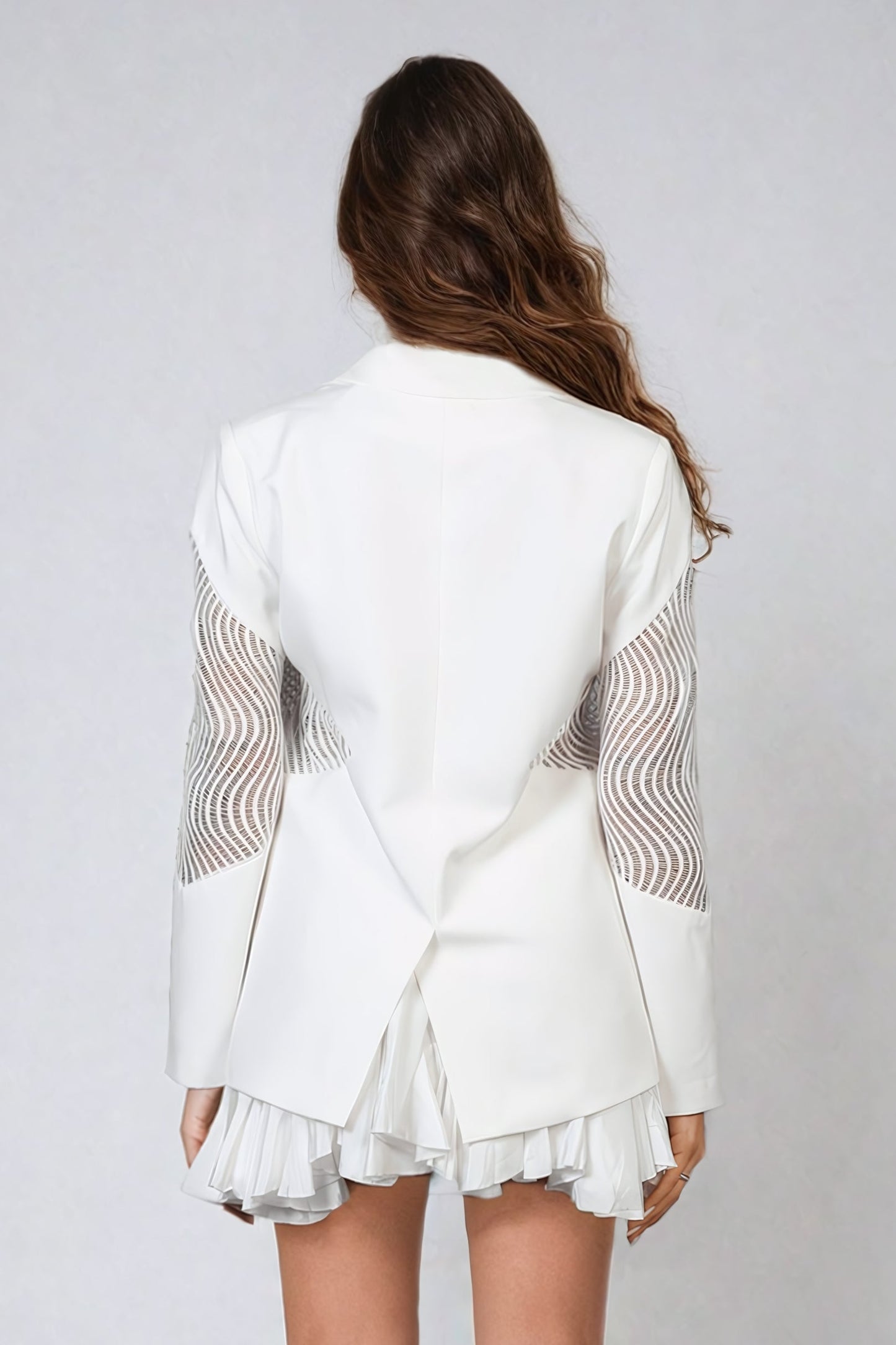 Double-Breasted Blazer with Sheer Mesh Panel Sleeves - White