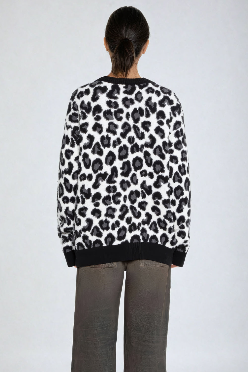 Oversized Leopard Print Sweater with Ribbed Trim - Black