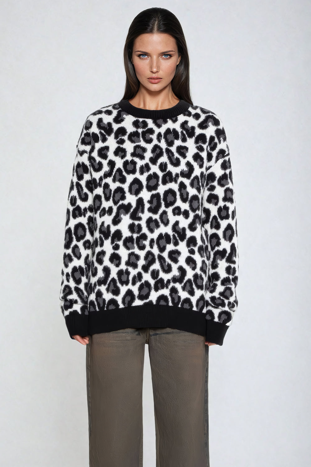 Oversized Leopard Print Sweater with Ribbed Trim - Black