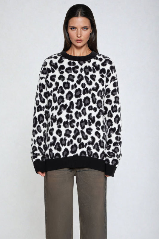 Oversized Leopard Print Sweater with Ribbed Trim - Black