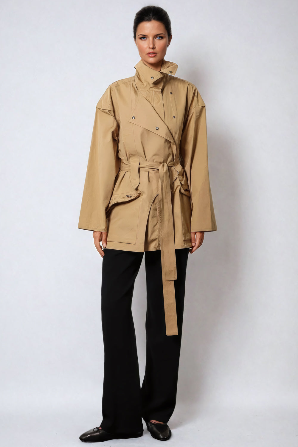 Oversized Belted Jacket with Snap Button Detail and Flap Pockets - Brown