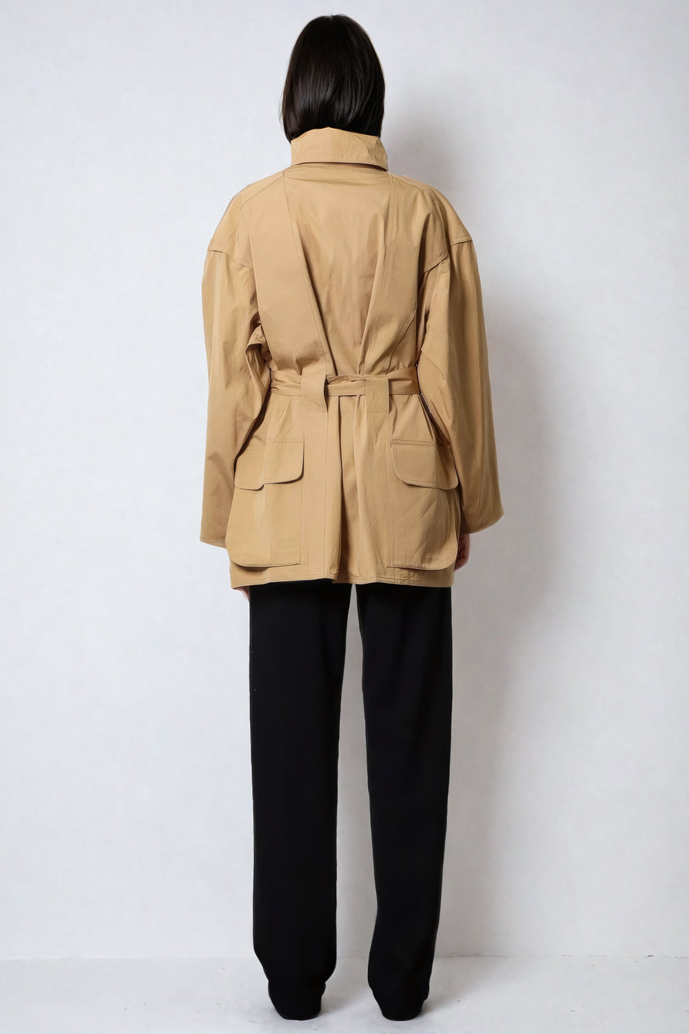 Oversized Belted Jacket with Snap Button Detail and Flap Pockets - Brown