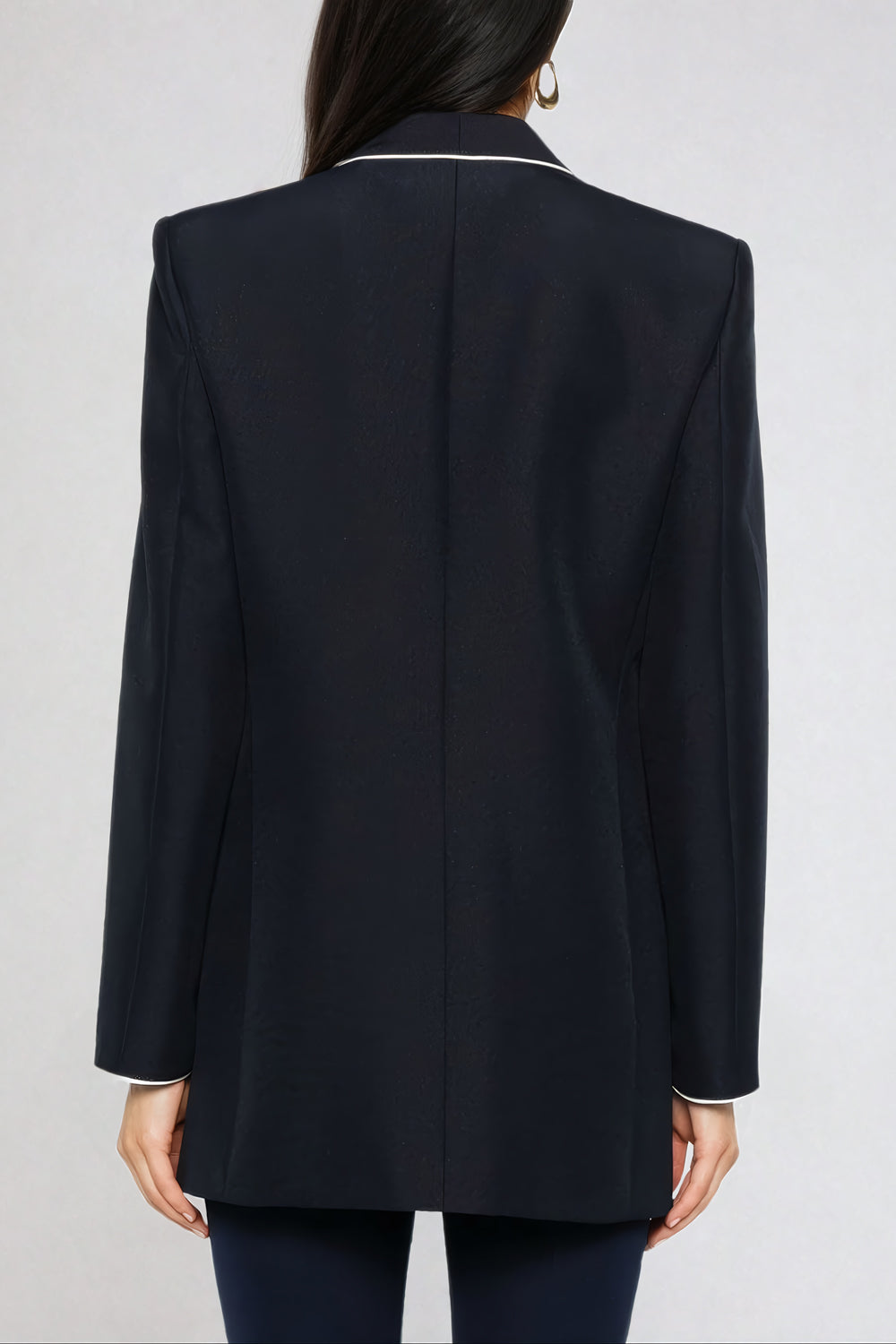 Blazer with Piped Shawl Collar and Single Gold-Tone Button - Black