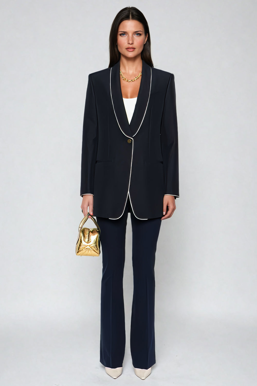 Blazer with Piped Shawl Collar and Single Gold-Tone Button - Black